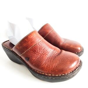Born Pebbled Leather Wedge Slip-on Brown Clogs Mules Sandals Womens Size 9 /40.5